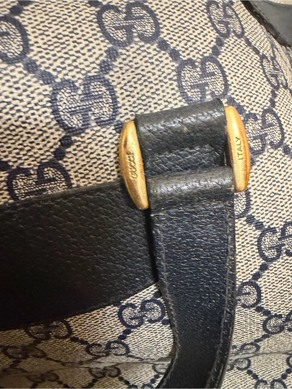 Gucci Vintage Navy Blue and Beige GG Canvas Tote